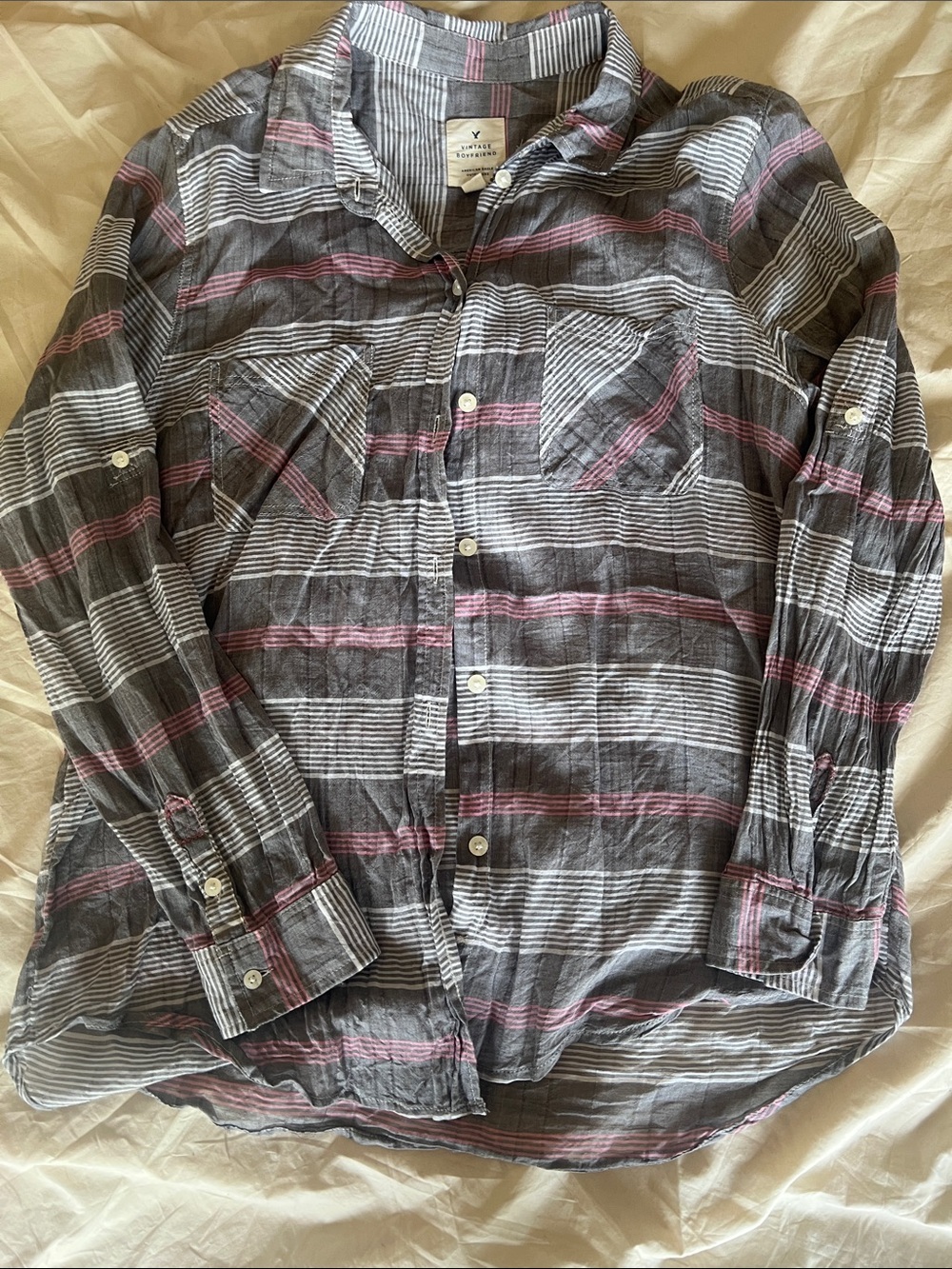 American Eagle Lightweight Gray & Pink Striped Button-Up Shirt - Size L